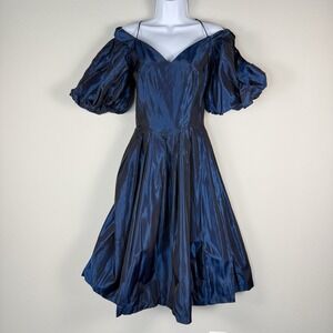 Vintage 80s Taffeta Princess Dress Womens XS Blue Party Prom Puff Sleeves Formal